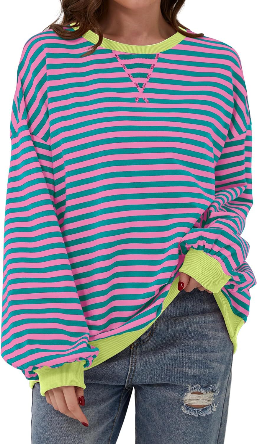 Retro Stripe Drop Shoulder Pullover Sweatshirt - Pink_G