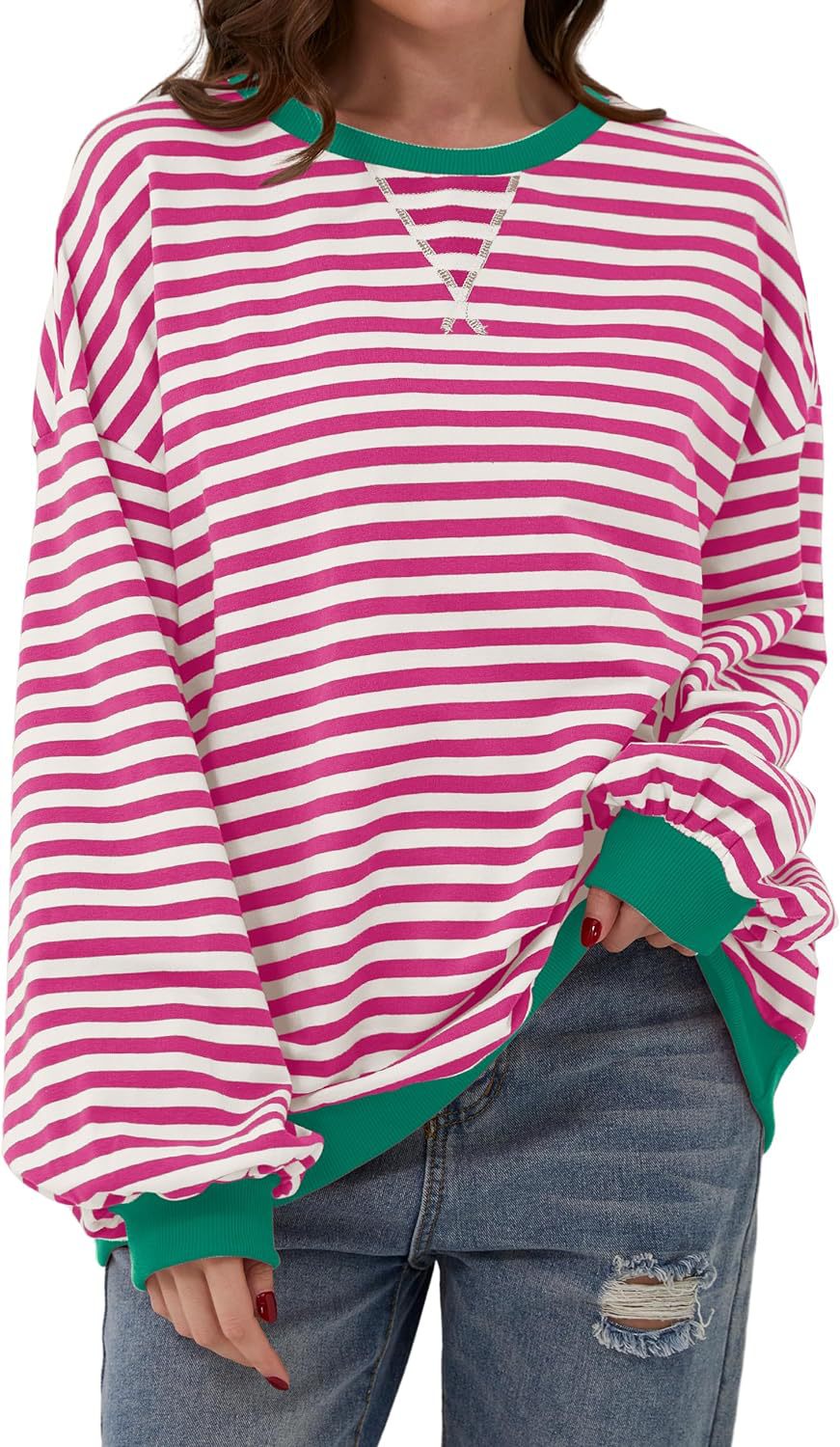 Retro Stripe Drop Shoulder Pullover Sweatshirt - Pink_WG