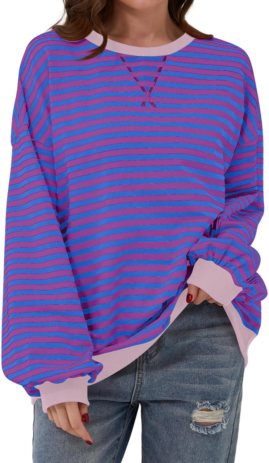 Retro Stripe Drop Shoulder Pullover Sweatshirt - Purple