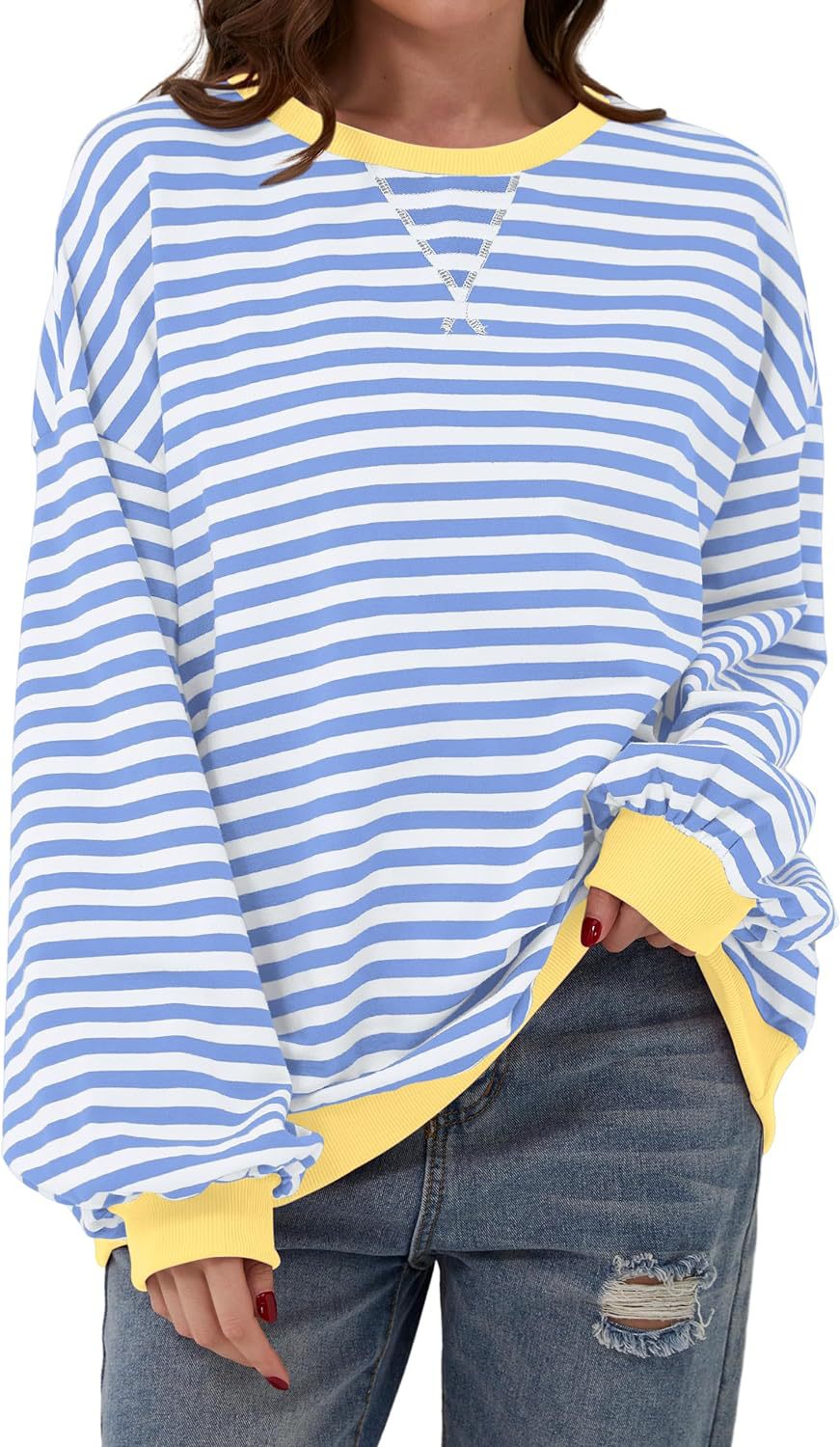 Retro Stripe Drop Shoulder Pullover Sweatshirt - Sky Blue