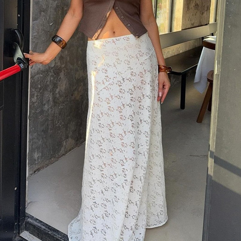 Sheer Floral Lace Maxi Skirt - White - 2