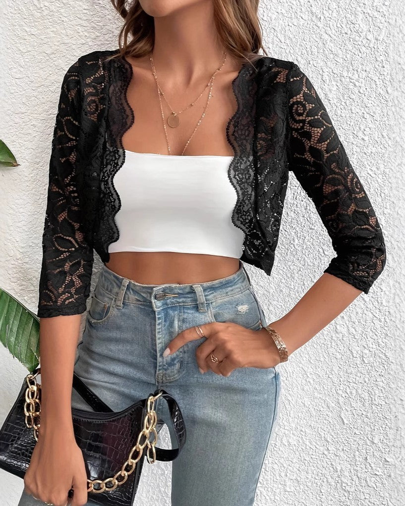 Scalloped Lace Open Front Cropped Blouse - Black - 1