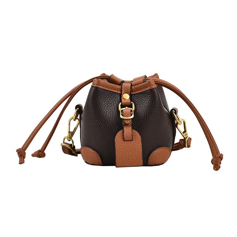 Mini Drawstring Bucket Crossbody Bag - Espresso Tan