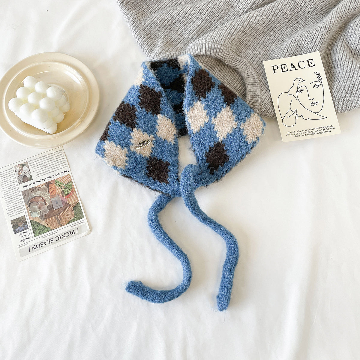 Argyle Knit Tie-Up Ear Warmer Kerchief - Blue
