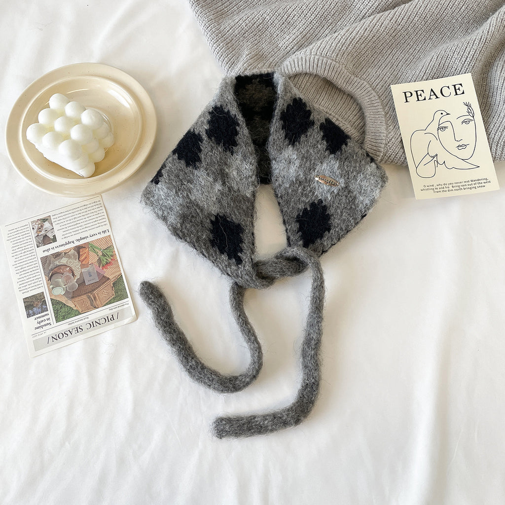 Argyle Knit Tie-Up Ear Warmer Kerchief - Grey