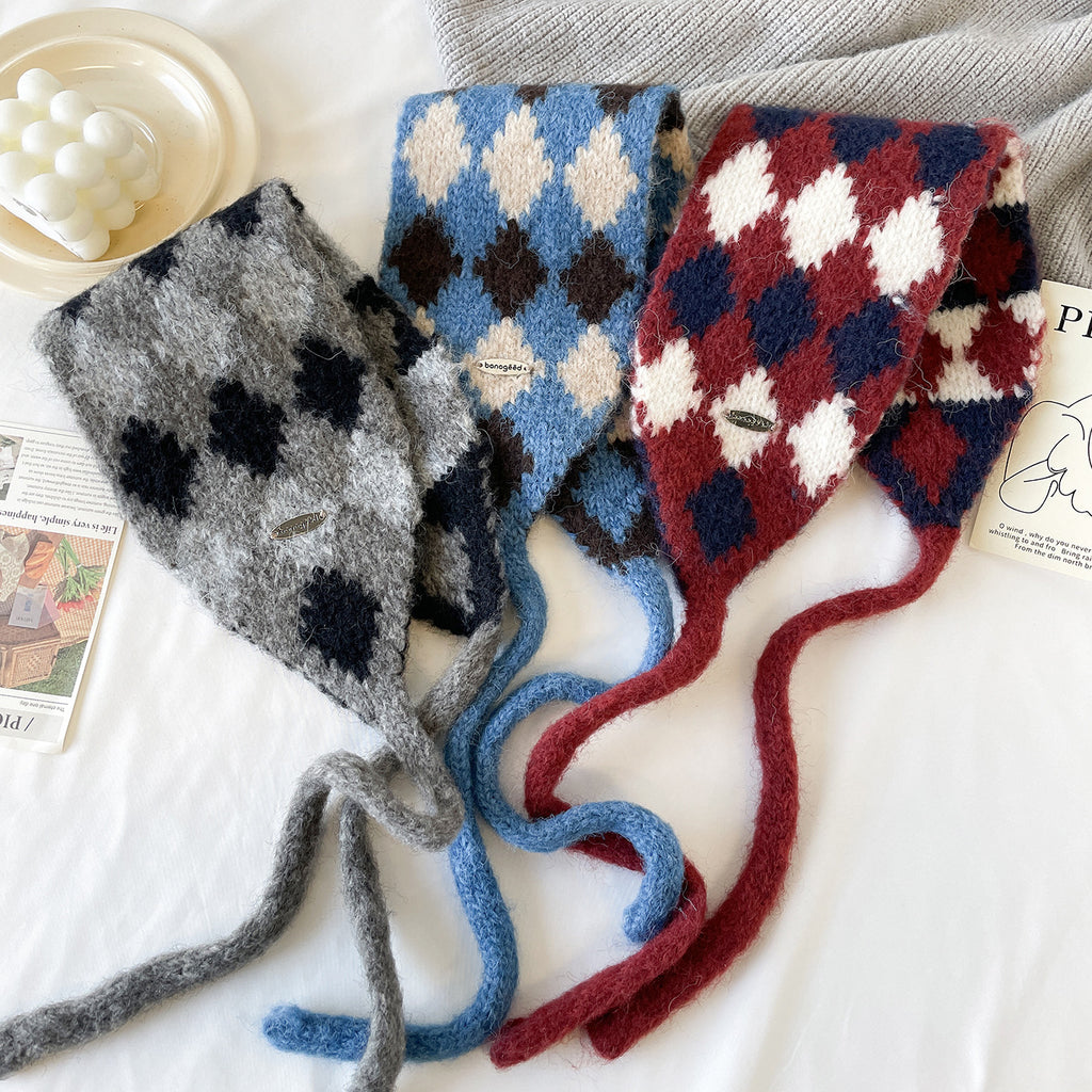 Argyle Knit Tie-Up Ear Warmer Kerchief - Grey - 1