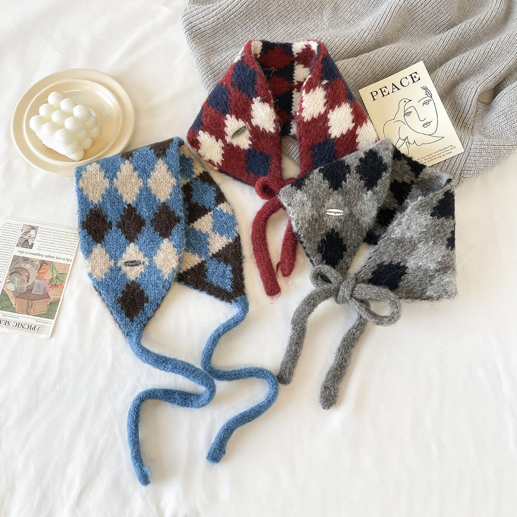 Argyle Knit Tie-Up Ear Warmer Kerchief - Grey - 2