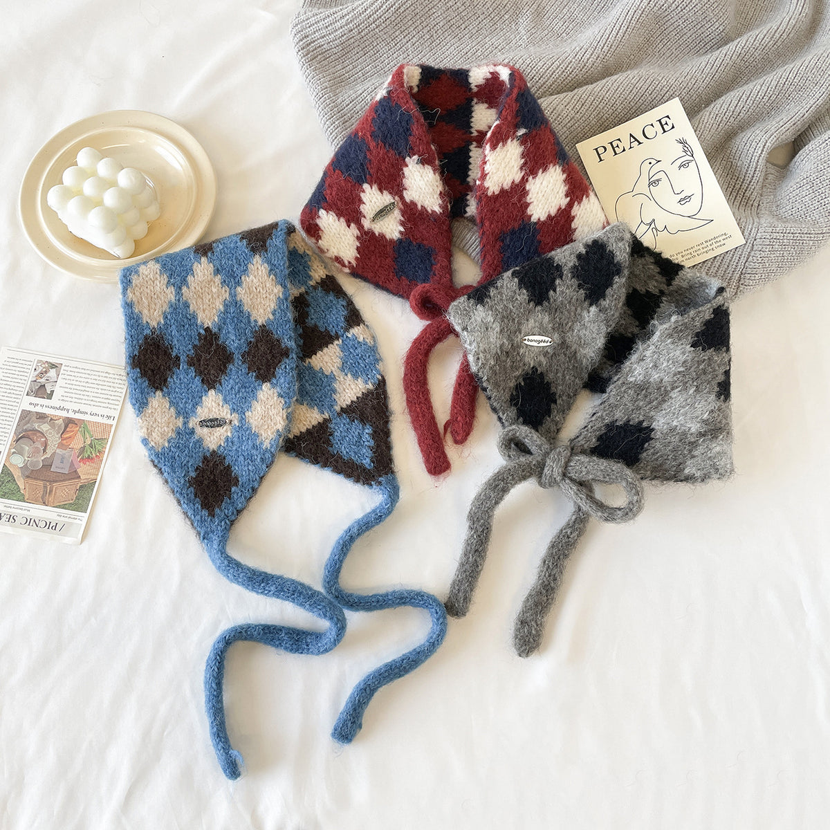 Argyle Knit Tie-Up Ear Warmer Kerchief - Grey - 2