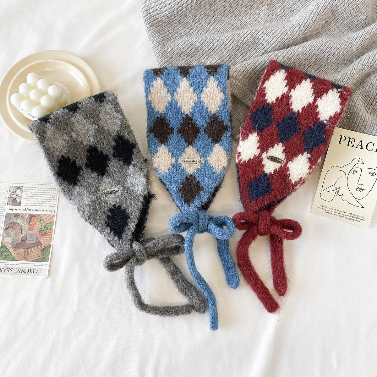 Argyle Knit Tie-Up Ear Warmer Kerchief - Grey - 3