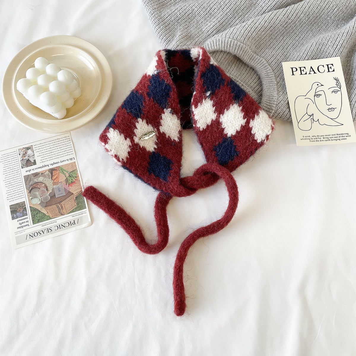 Argyle Knit Tie-Up Ear Warmer Kerchief - Red