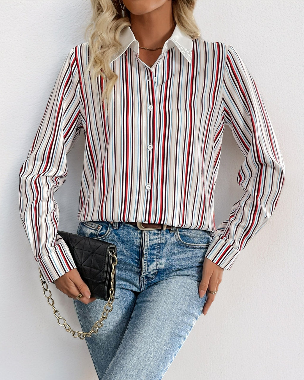Vertical Stripe Drop Shoulder Button Shirt - Red - 1