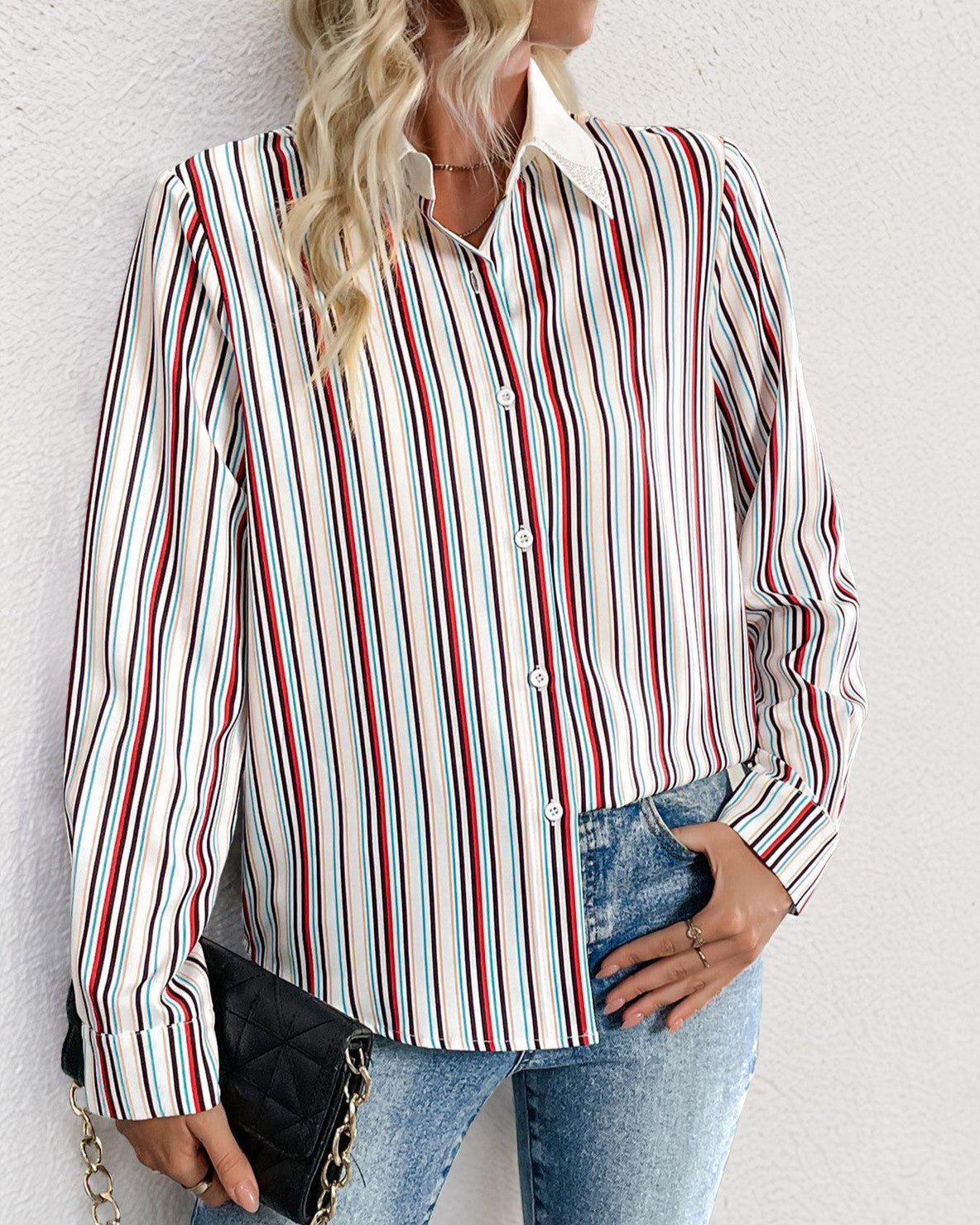 Vertical Stripe Drop Shoulder Button Shirt - Red - 2