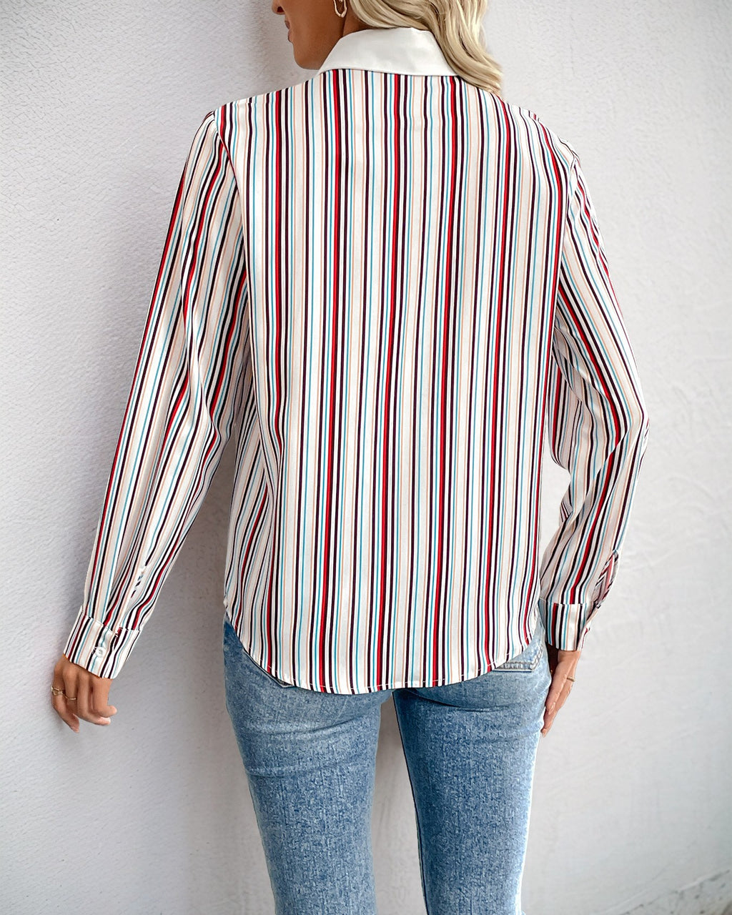 Vertical Stripe Drop Shoulder Button Shirt - Red - 3