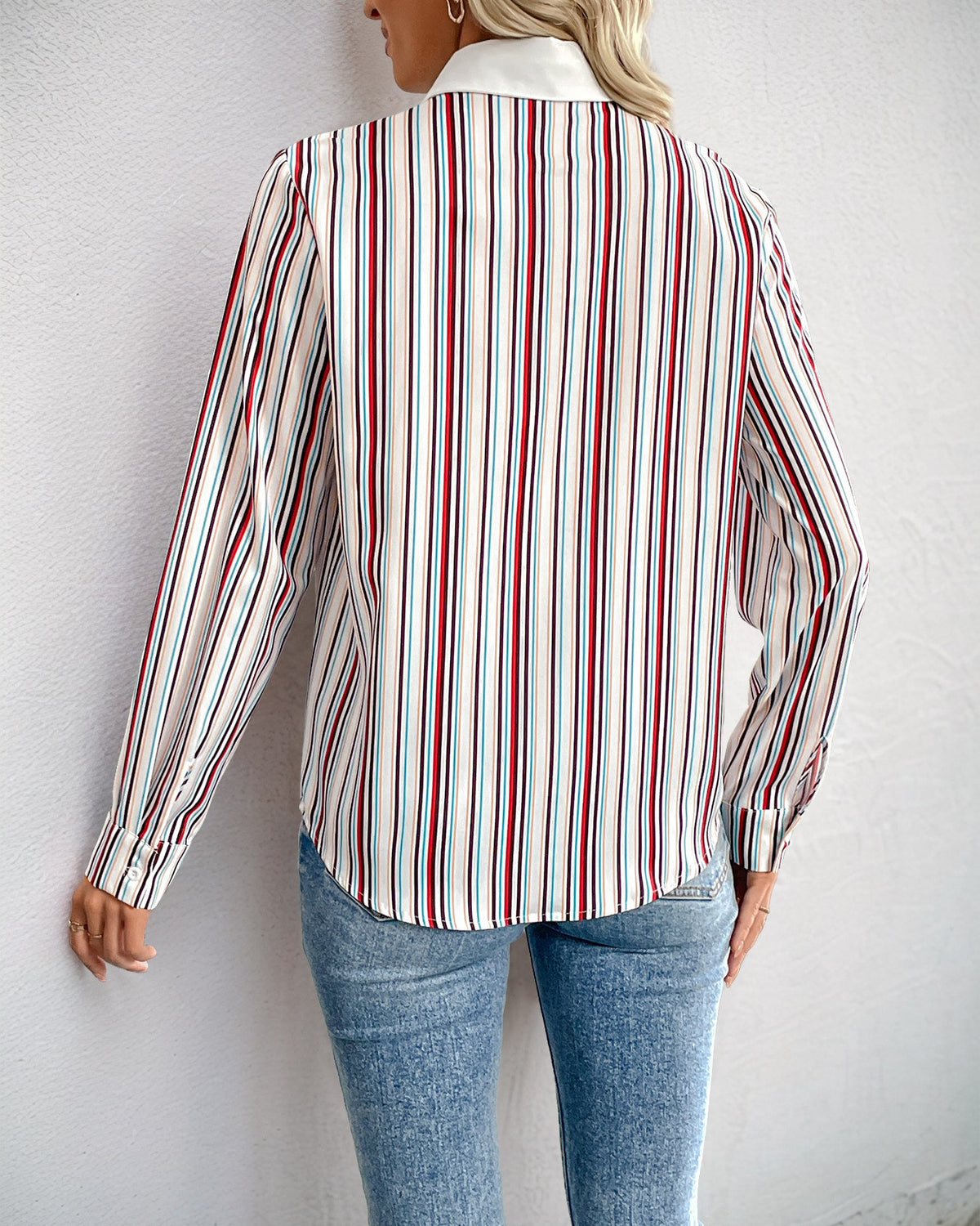Vertical Stripe Drop Shoulder Button Shirt - Red - 3