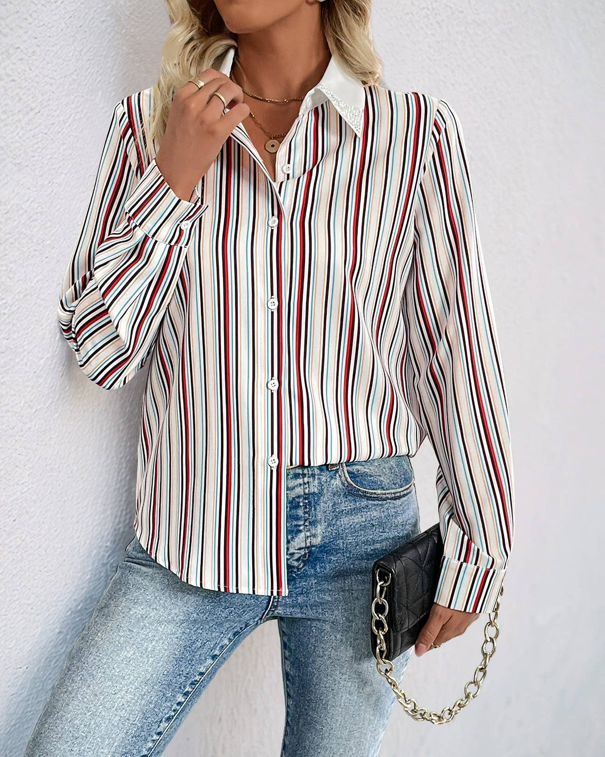 Vertical Stripe Drop Shoulder Button Shirt
