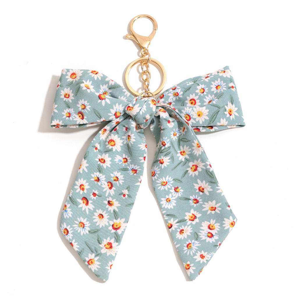Daisy Print Oversized Bow Keychain Charm - Green
