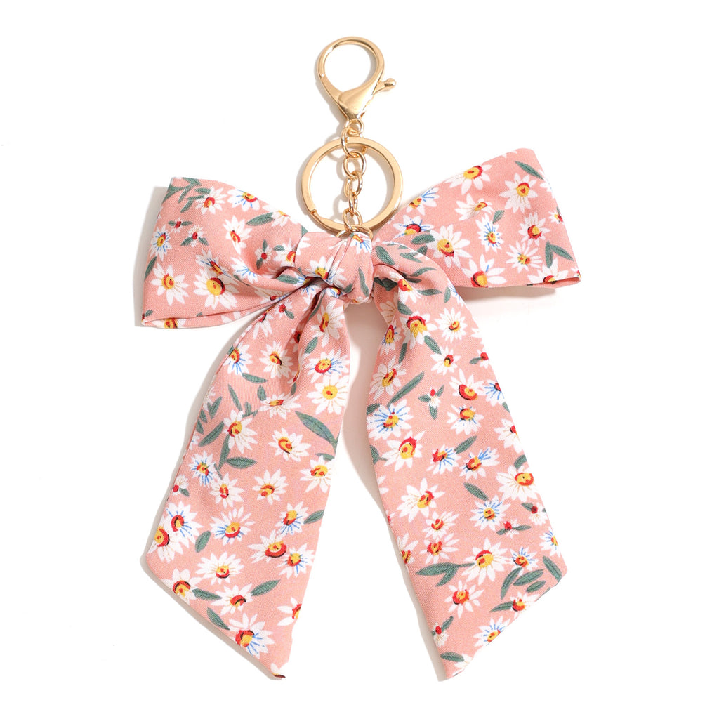 Daisy Print Oversized Bow Keychain Charm - Pink