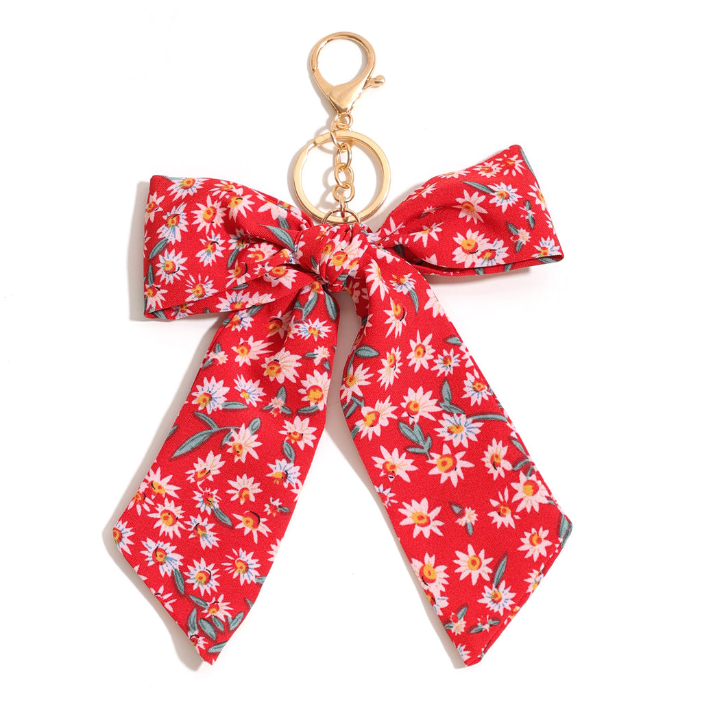 Daisy Print Oversized Bow Keychain Charm - Red
