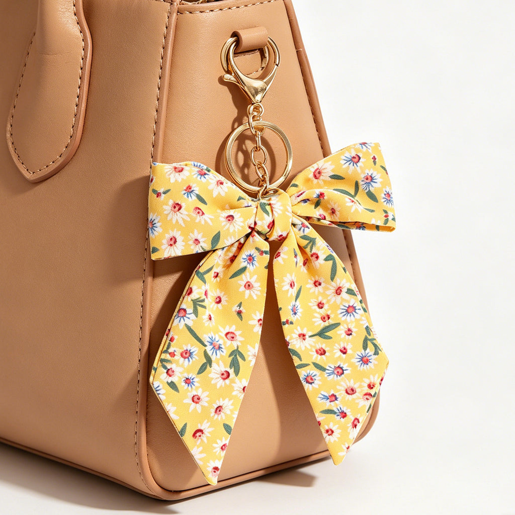 Daisy Print Oversized Bow Keychain Charm - Yellow - 1