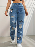 Butterfly Patch Ripped High Rise Straight Jeans - Blue