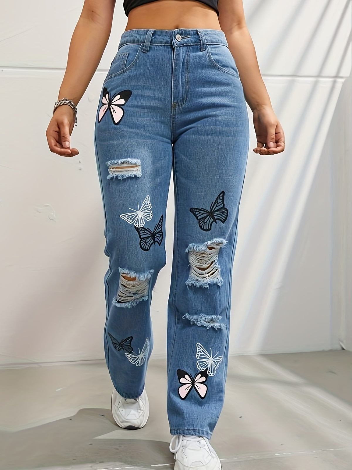 Butterfly Patch Ripped High Rise Straight Jeans - Blue
