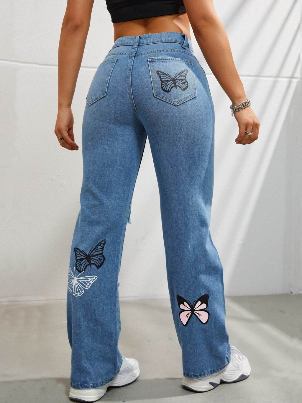 Butterfly Patch Ripped High Rise Straight Jeans - Blue - 2