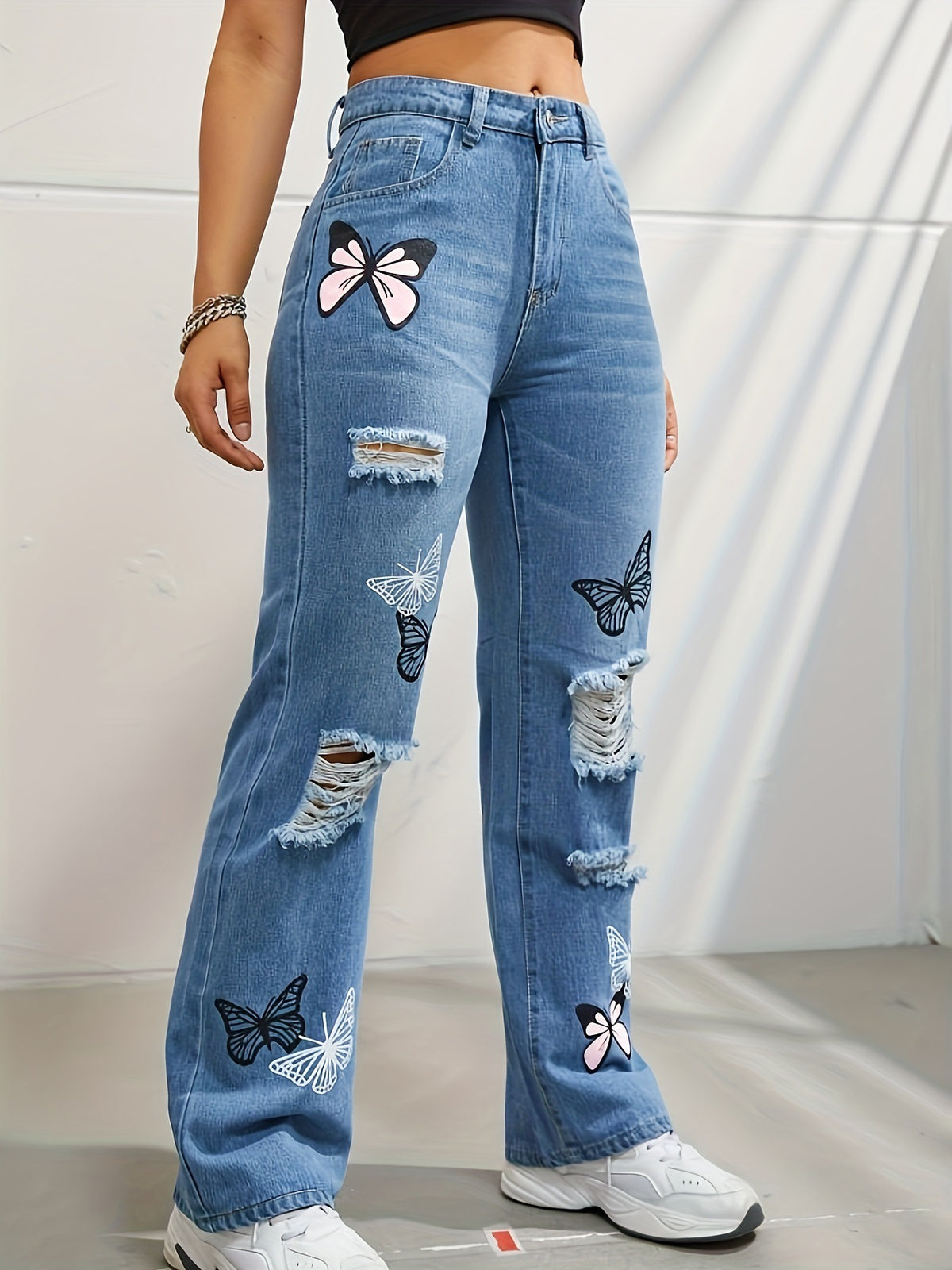 Butterfly Patch Ripped High Rise Straight Jeans - Blue - 3