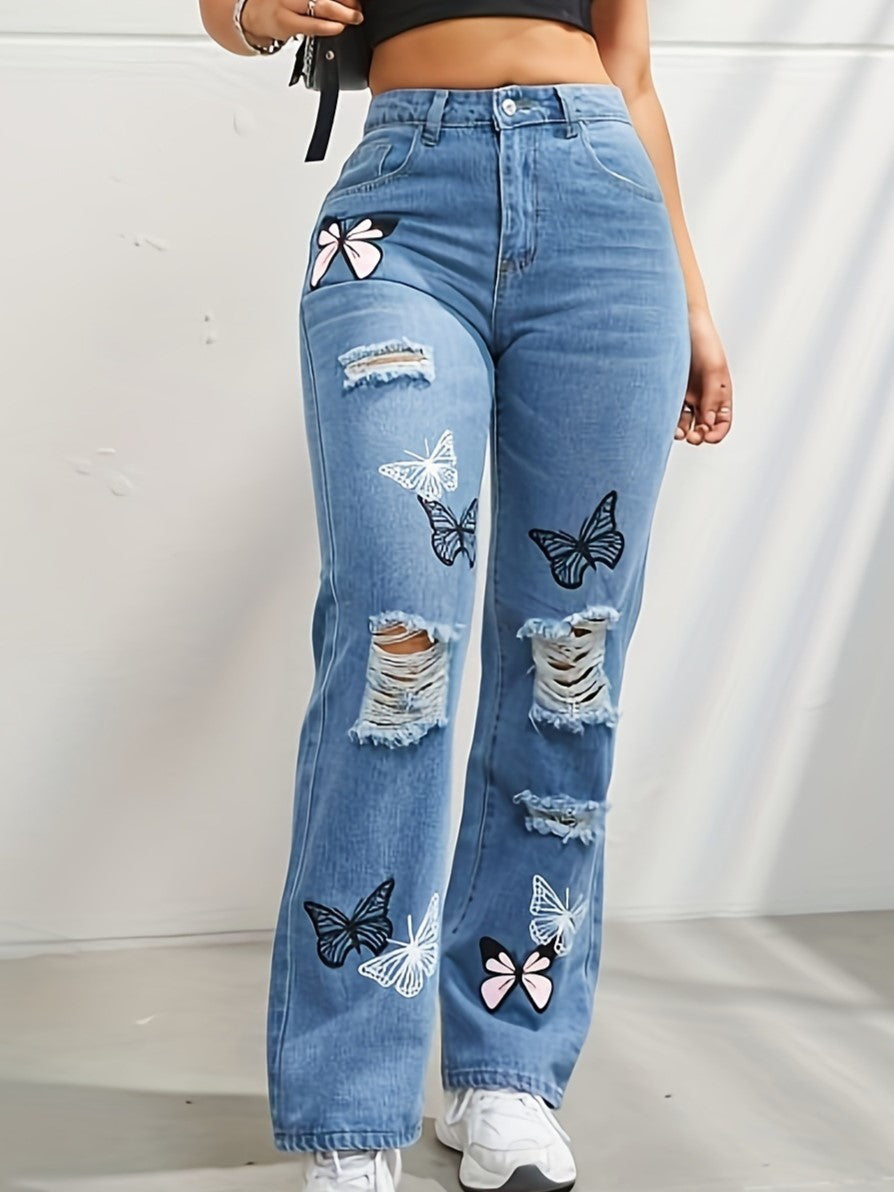 Butterfly Patch Ripped High Rise Straight Jeans