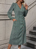Ditsy Floral Wrap Button Midi Dress - Green