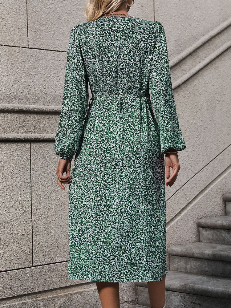 Ditsy Floral Wrap Button Midi Dress - Green - 1