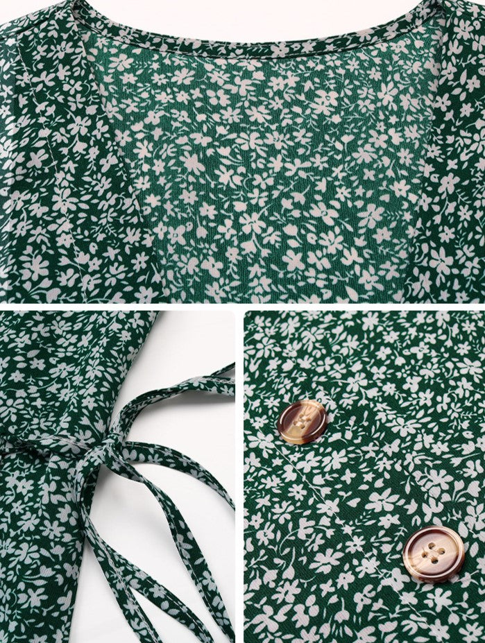 Ditsy Floral Wrap Button Midi Dress - Green - 5