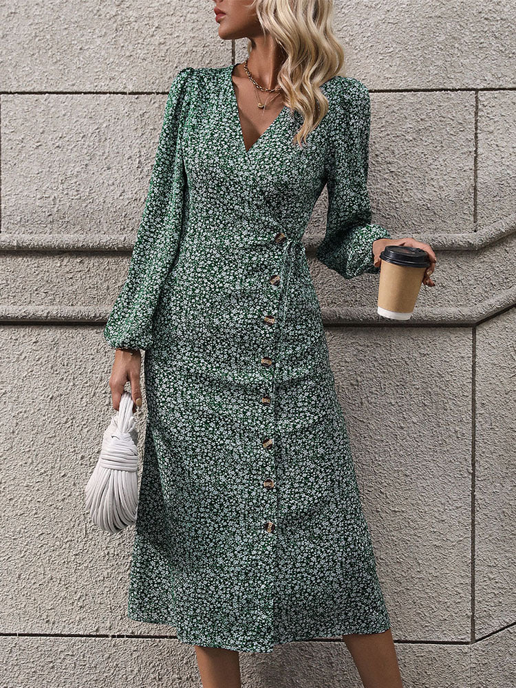 Ditsy Floral Wrap Button Midi Dress