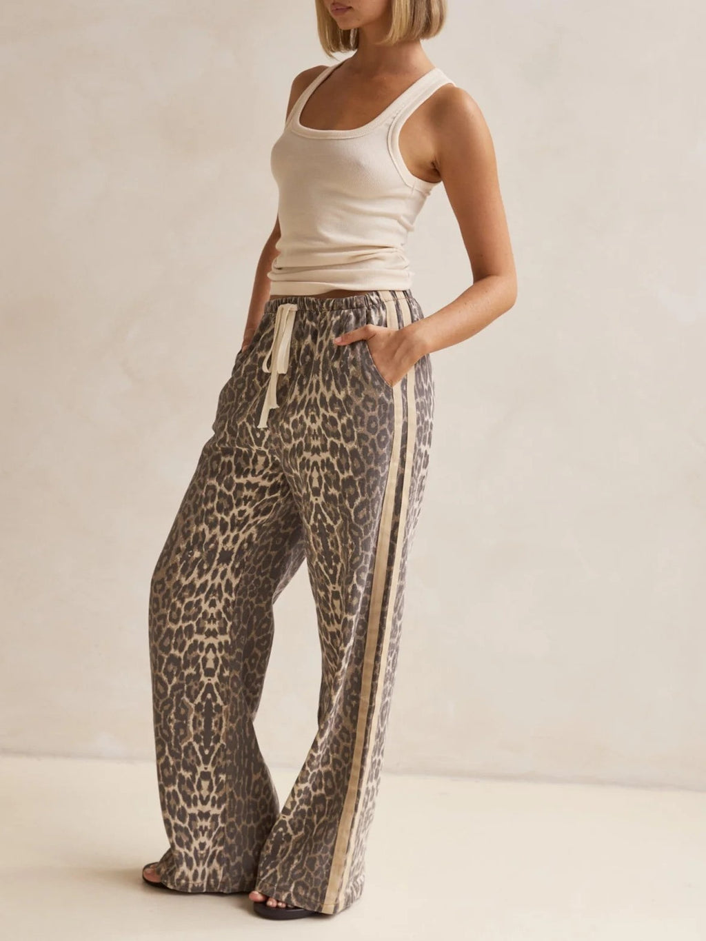 Leopard Print Side Stripe Wide Leg Pants - Leo - 2