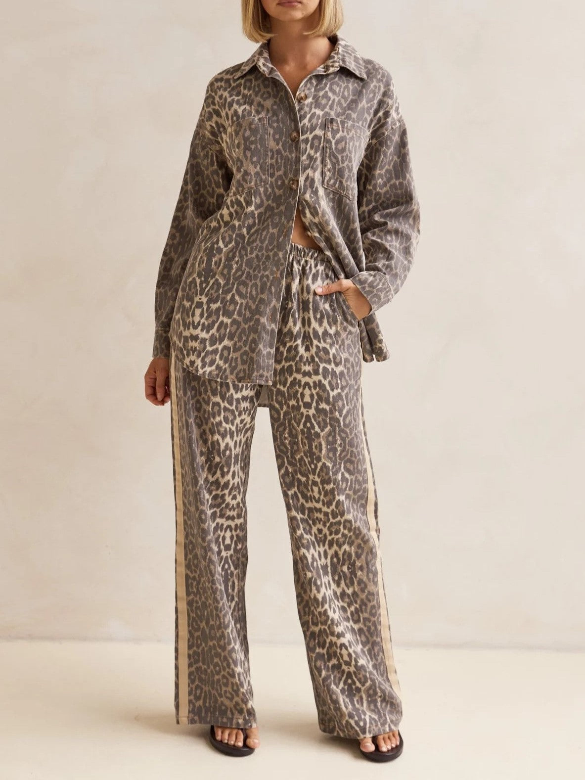 Leopard Print Side Stripe Wide Leg Pants - Leo - 4