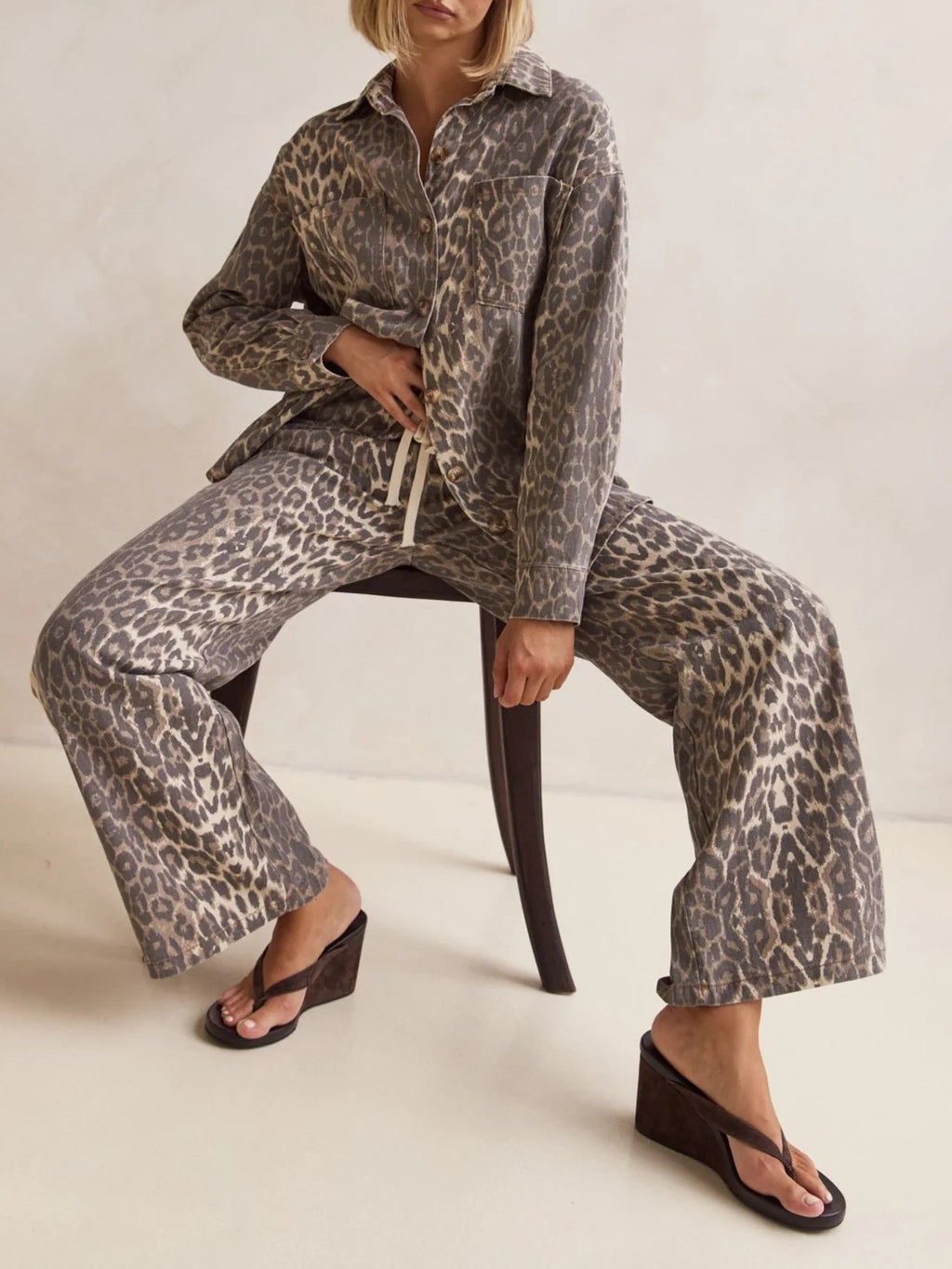 Leopard Print Side Stripe Wide Leg Pants - Leo - 6
