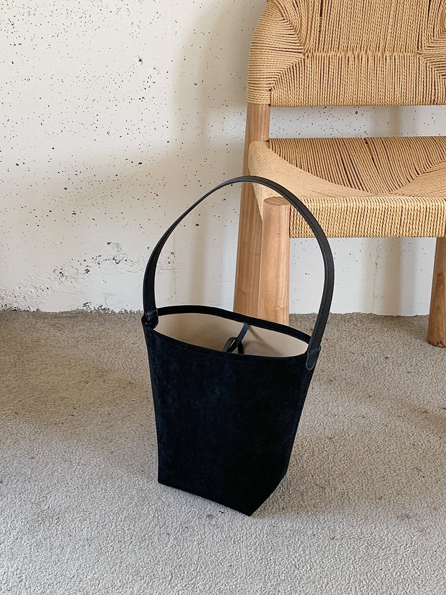 Faux Suede Bucket Bag with Long Shoulder Strap - Black