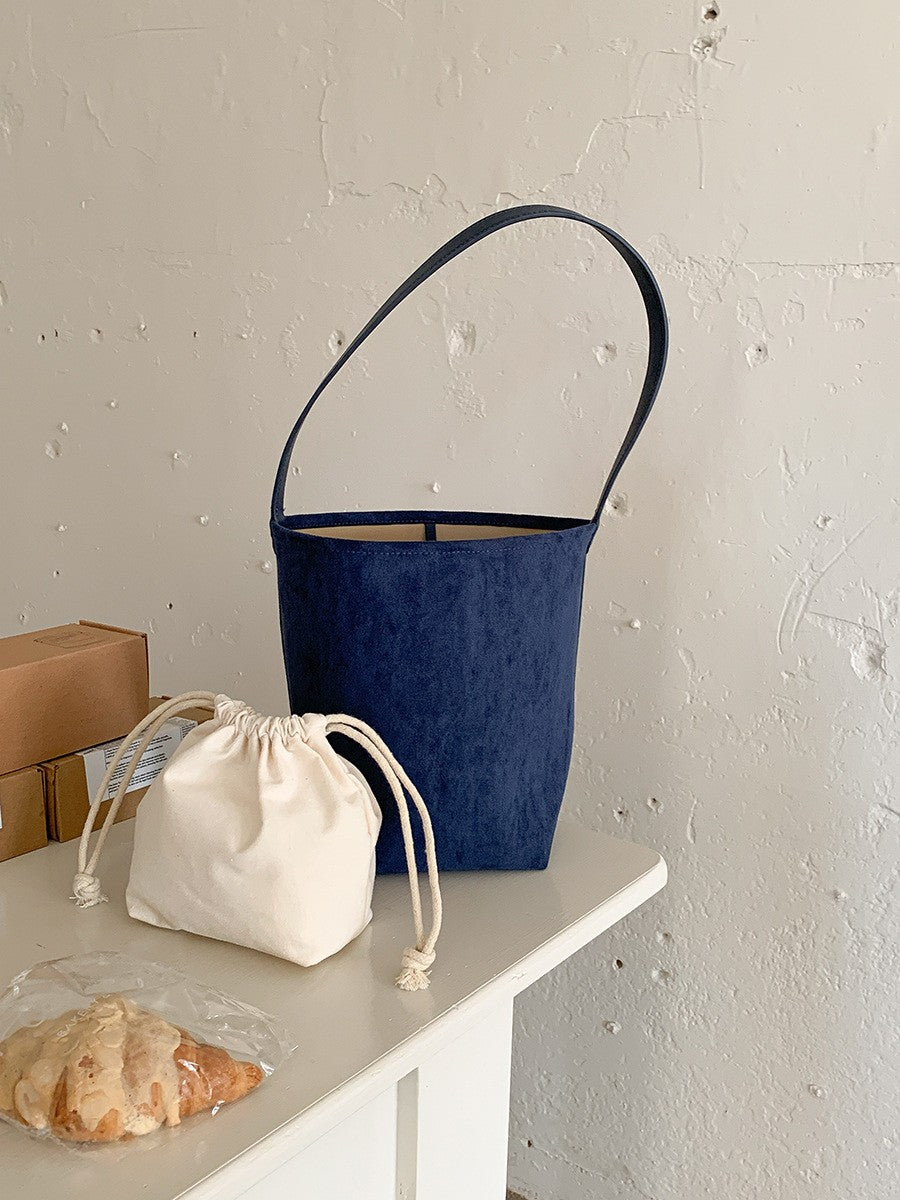 Faux Suede Bucket Bag with Long Shoulder Strap - Blue