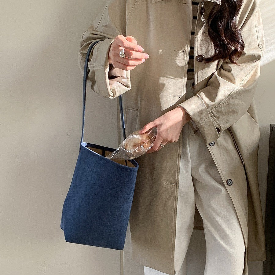 Faux Suede Bucket Bag with Long Shoulder Strap