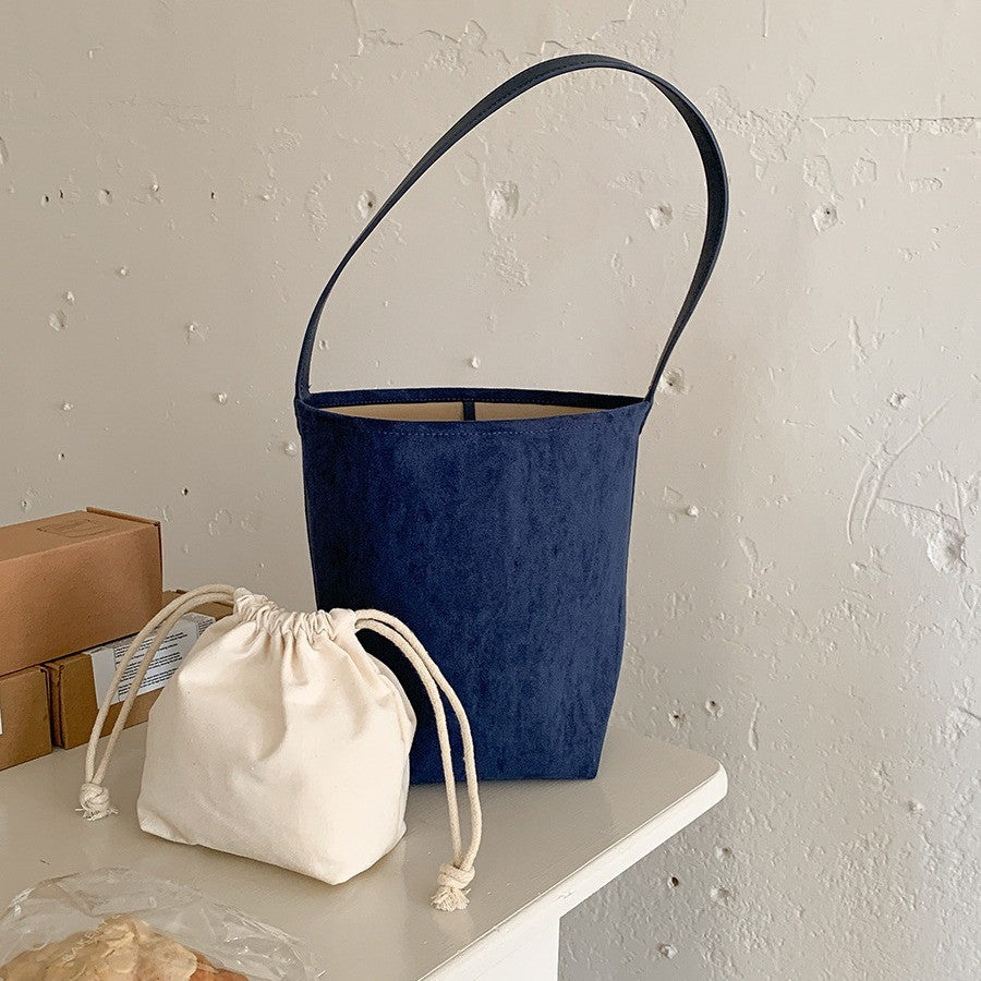 Faux Suede Bucket Bag with Long Shoulder Strap