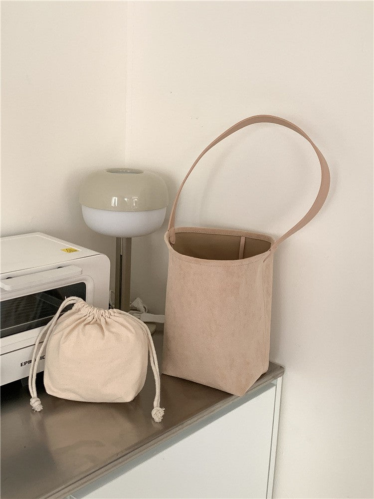 Faux Suede Bucket Bag with Long Shoulder Strap