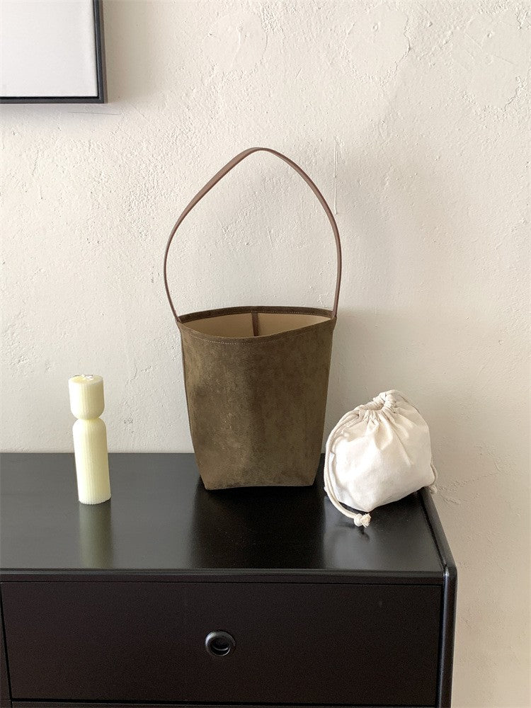 Faux Suede Bucket Bag with Long Shoulder Strap