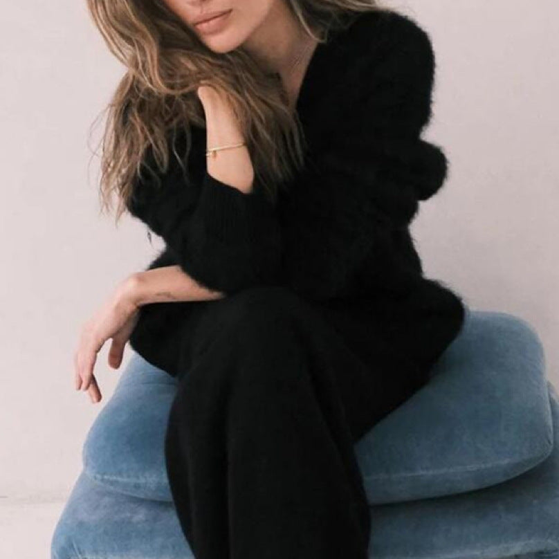 Soft Mohair Look V Neck Slouchy Cardigan - Black
