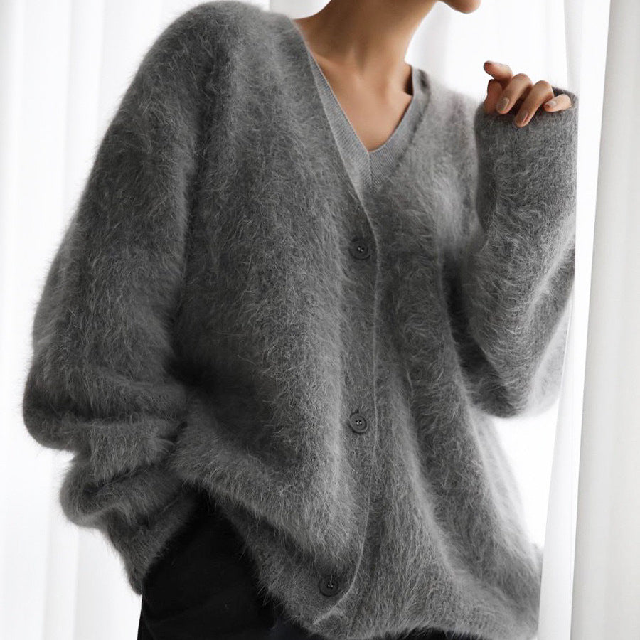 Soft Mohair Look V Neck Slouchy Cardigan - Grey