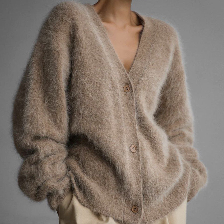 Soft Mohair Look V Neck Slouchy Cardigan - Khaki