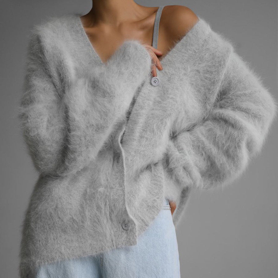 Soft Mohair Look V Neck Slouchy Cardigan - Lt_gray
