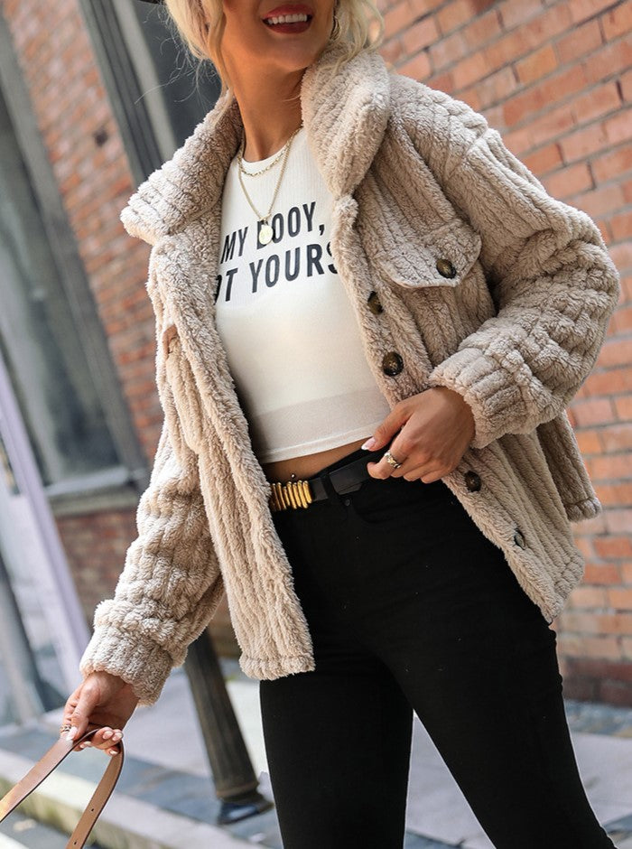 Ribbed Sherpa Fleece Button Front Jacket - Khaki