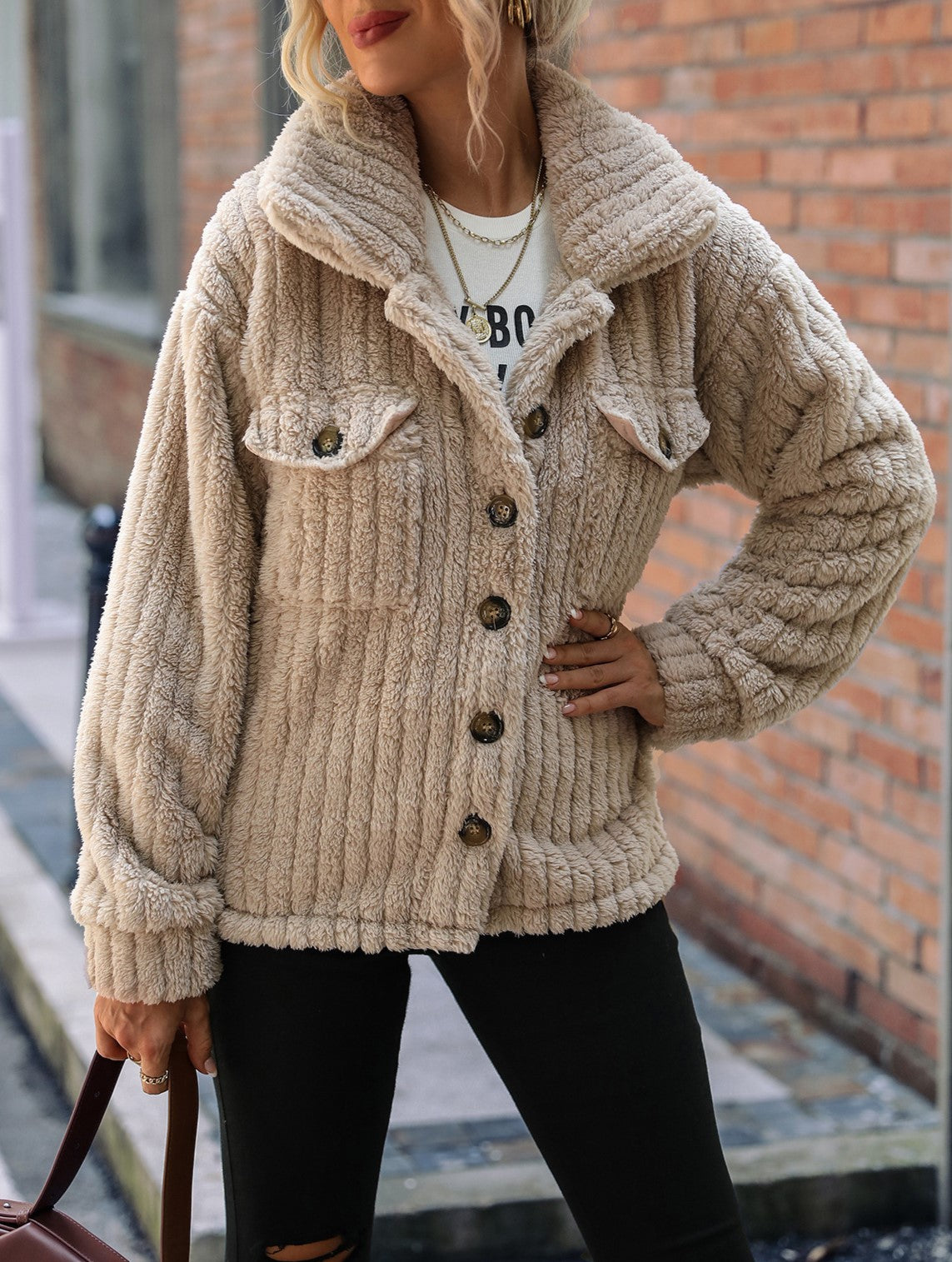 Ribbed Sherpa Fleece Button Front Jacket - Khaki - 1