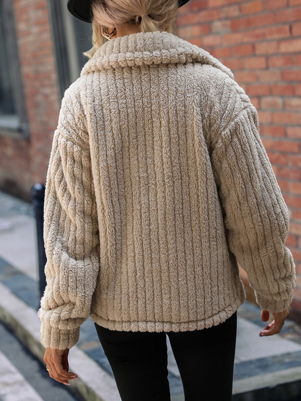 Ribbed Sherpa Fleece Button Front Jacket - Khaki - 2