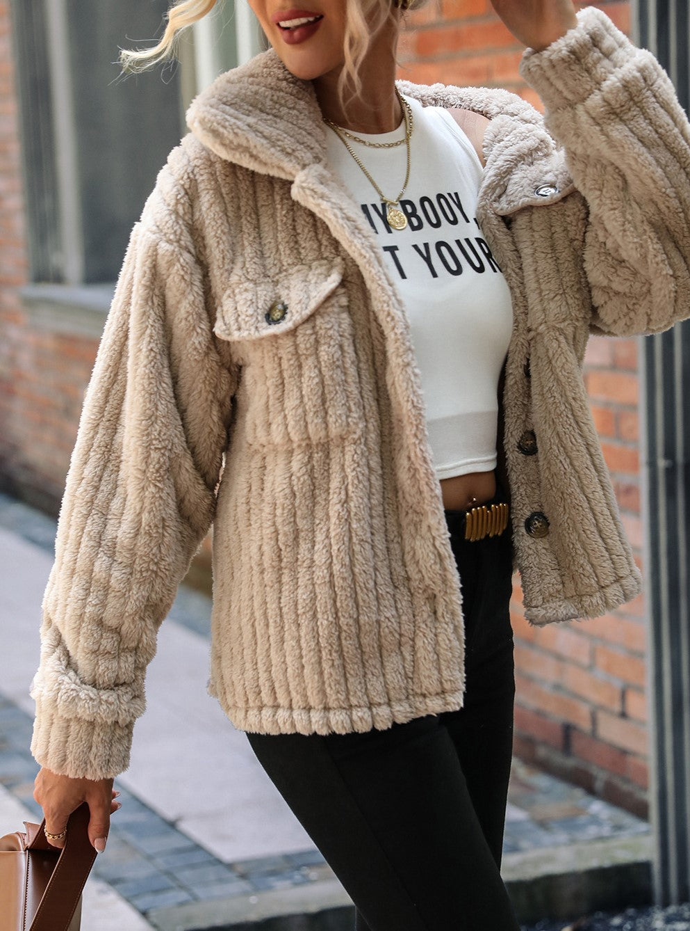 Ribbed Sherpa Fleece Button Front Jacket - Khaki - 3