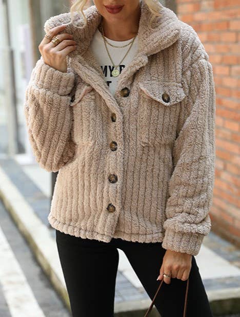 Ribbed Sherpa Fleece Button Front Jacket